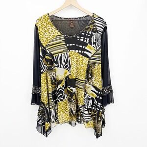 Multiples 2X Mesh Top Mixed Animal Print Sharkbite Hem Bell Sleeve Abstract Boho